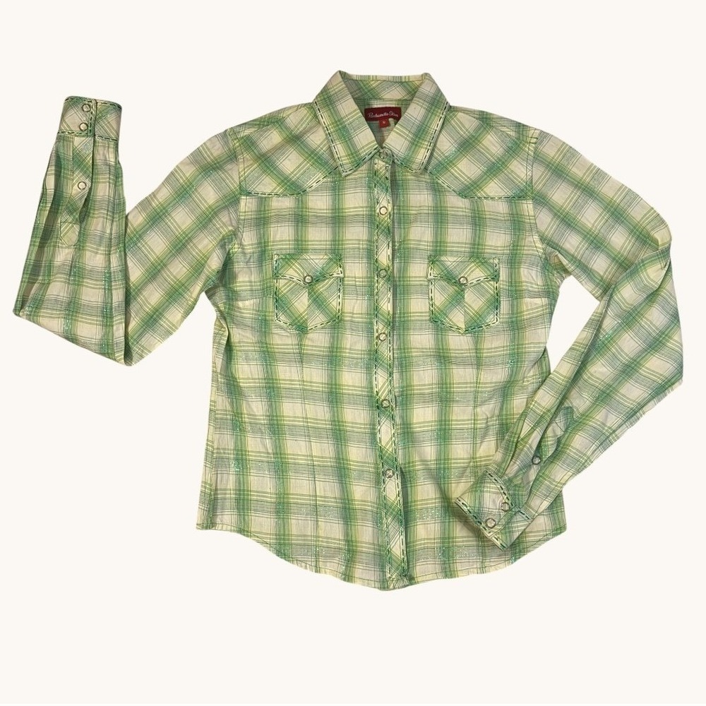 Panhandle Slim Green Cowgirl Core Plaid Western Snap Shirt Metallic Womens M - Picture 2 of 13